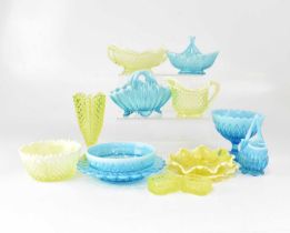 A small quantity of yellow and blue Vaseline pressed glass to include baskets, bowls, etc. Condition