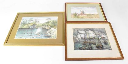 Three small watercolours depicting a lake with rocky outcrop, indistinctly signed lower left, 22 x