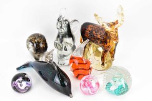 WEDGWOOD; various art glass paperweight animals, to include snail, dolphin, length 21cm and examples