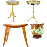 Two vintage wine tables, one with faux marble top, the other with onyx-style top and raised pierce