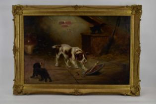 FRANK WORMALD CASSELL (British 1862-1908); oil on canvas, dog with bowl and bone in barn, signed