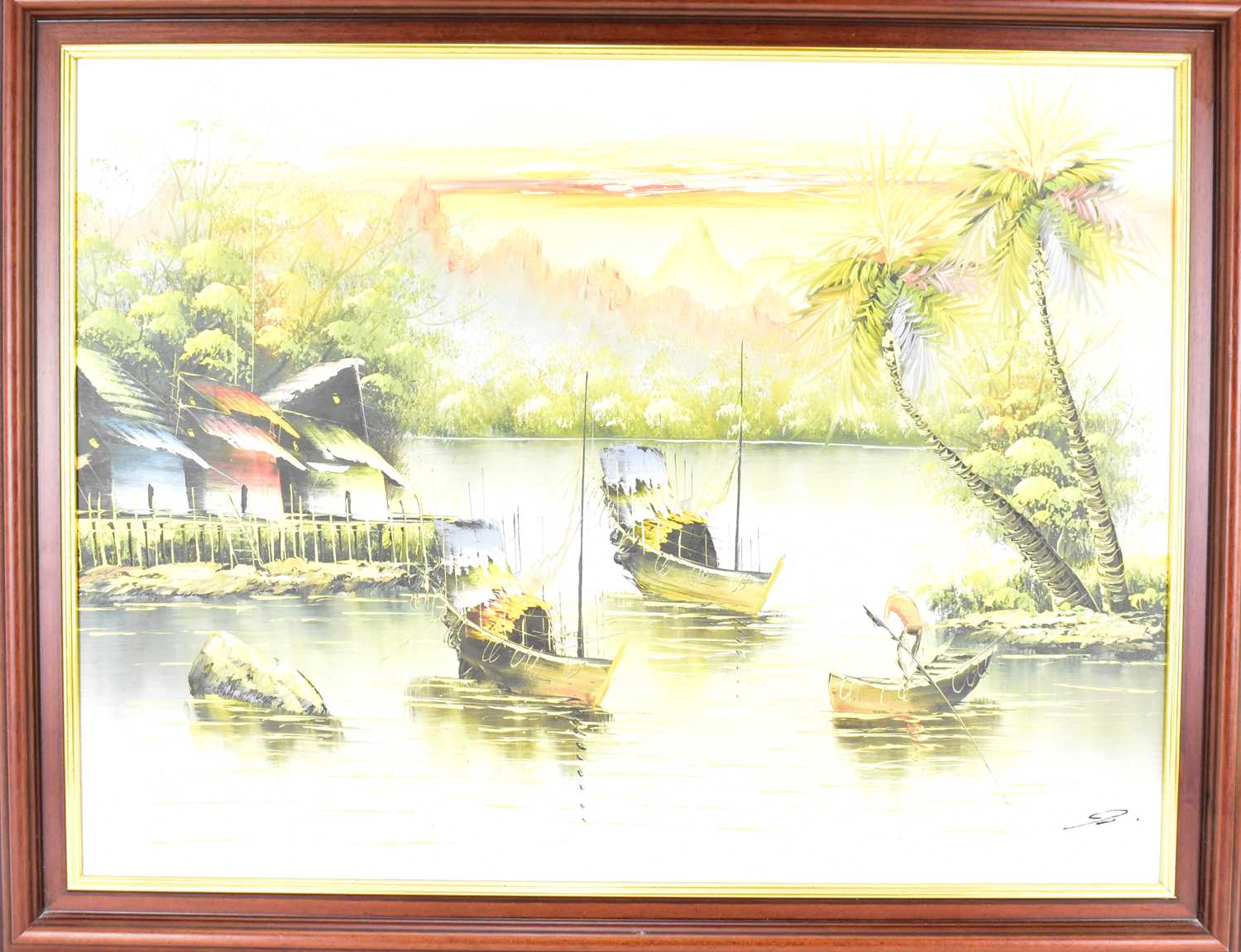 Two acrylics on canvas depicting Far Eastern boats on river scenes, signed lower right, each 45 x - Image 3 of 3