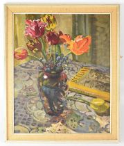 WILLIAM C. PENN (1877-1968); oil on board, still life with flowers and book on table, signed top