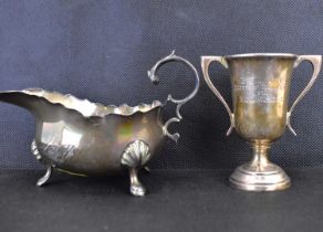 Two items of hallmarked silver, comprising a small trophy engraved 'Snooker Handicap 1982', height