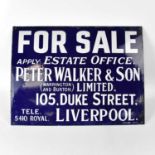 A vintage enamelled blue and white sign inscribed 'For Sale - Apply Estate Office, Peter Walker &