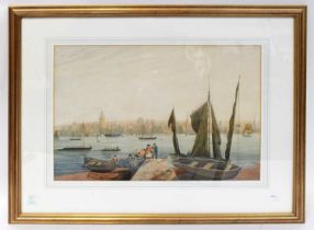 19TH CENTURY ENGLISH SCHOOL; watercolour, passengers alighting from a rowing boat, on to a jetty,