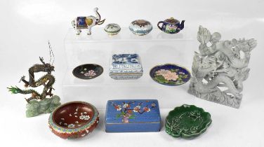 A small collection of Oriental items, including various cloisonné boxes, dishes, etc, also a