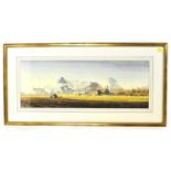 † ALAN INGHAM (1932-2002); watercolour, a long landscape depicting a tractor ploughing a field in