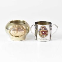 A silver plated loving cup souvenir from the White Star Line ship RMS Olympic with enamelled flag