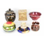 Five items of modern studio pottery comprising a Priscilla Fursdon (Wirral) square pot with X-shaped