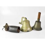 A vintage school bell, a similar wall-mounted example and a cow bell (3).