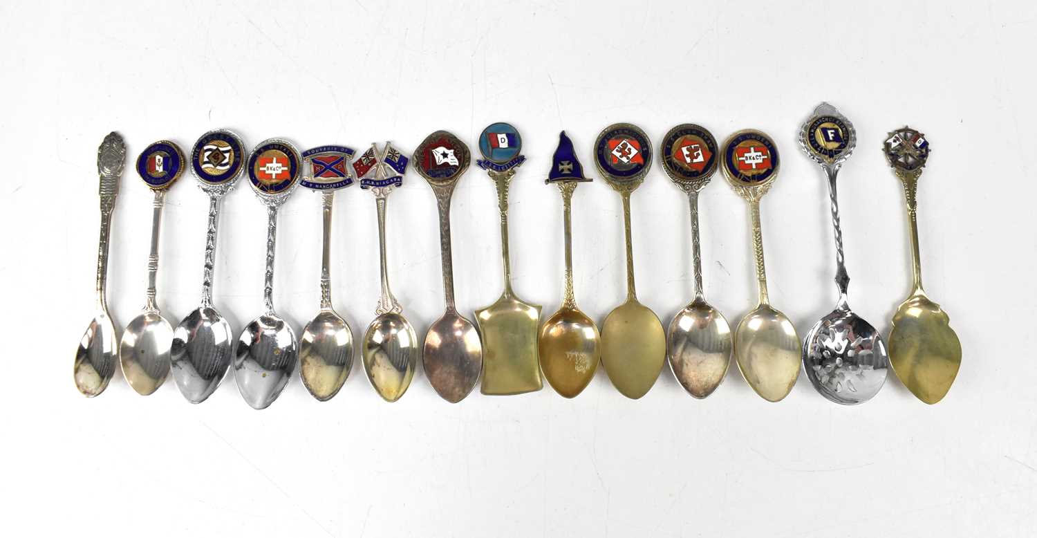 Fourteen souvenir commemorative spoons for various shipping lines, including Bullard & King, Clan