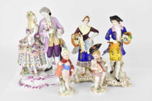 Five 19th century porcelain figures, comprising a courting couple, height 19cm, blue crossed