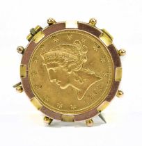 A 1903 gold Liberty coin set within a 9ct mount, approx. 11.4g.