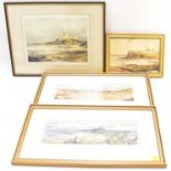 Three signed prints depicting coastal scenes with ruins of castles or monasteries, comprising two by