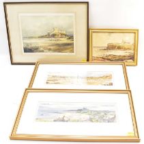 Three signed prints depicting coastal scenes with ruins of castles or monasteries, comprising two by