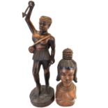 Two modern African carved wood figures, one of a warrior holding two spears, height 74cm, the