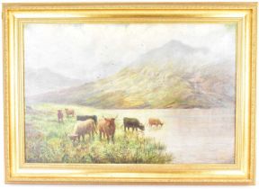 DOUGLAS CAMERON (Scottish, fl. 1880-1910); oil on canvas, Highland cattle drinking by loch side,