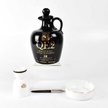 A QEII porcelain 'Single Malt Scotch Whisky' decanter, a Royal Doulton QEII ashtray, Wedgwood QEII