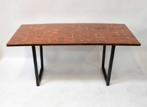 A modern designer steel framed table, the top decorated with inset square tree section veneers, 74 x