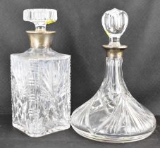 Two cut glass crystal decanters, one of square form with circular stopper, the other of ship