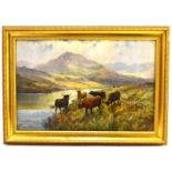 DOUGLAS CAMERON (Scottish, fl. 1880-1910); oil on canvas, scene depicting Highland cattle drinking