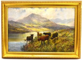 DOUGLAS CAMERON (Scottish, fl. 1880-1910); oil on canvas, scene depicting Highland cattle drinking