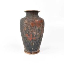 A Japanese pottery baluster-form vase incised with painted iris decoration, five-character mark to