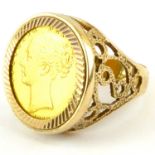 A Victorian full sovereign, 1866, young head, shield back, in a 9ct gold ring mount with openwork