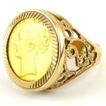 A Victorian full sovereign, 1866, young head, shield back, in a 9ct gold ring mount with openwork