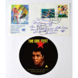 MUHAMMED ALI; a first day cover signed and dedicated, with promotional sticker for 'The Greatest' (