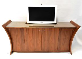 A contemporary five-piece bedroom suite, comprising a walnut-effect side cabinet with concave end