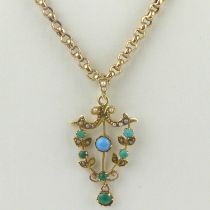 An Edwardian-style 9ct gold turquoise pendant, on a 9ct gold belcher link chain with ring clasp,