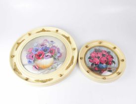 ROSINA; oils, two circular paintings of flowers in convex glazed circular frames, diameters of image