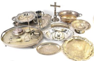 Various items of silver plate, to include trays, mugs, crucifix on stand, tongs, covered dishes,