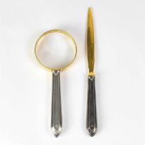 ROBBE & BERKING; a silver-handled desk set comprising a magnifying glass and letter opener,