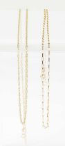 Two 9ct gold chain necklaces, one a ropetwist example, the other with flat elongated links, both