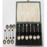 A cased set of agate topped sterling silver coffee spoons, length 9.5cm, together with a set of