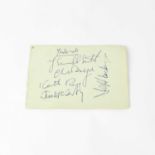 THE YARDBIRDS; a torn page from an autograph book signed by Jeff Beck, Jim McCarty, Chris Dreja,