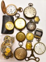 Various silver, brass, and other cased pocket watches (all af), watch parts, fob watch, watch heads,
