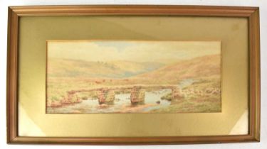 BERTRAM MORRISH; an early 20th century watercolour, 'Postbridge', depicting a river with stone