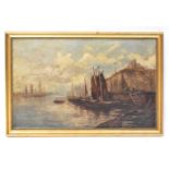 ATTRIBUTED TO EDWIN ELLIS (1842-1895); oil on canvas, Dutch harbour scene, indistinctly signed lower