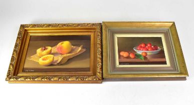 † ERIK W. GLEAVE (1916-1995); two oils on board, still life with fruit, both signed lower left,