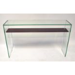 HELDERR; a contemporary glass console table with purple glass lower shelf, 75 x 125 x 30cm.
