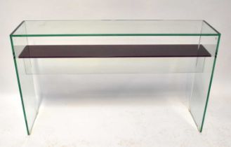 HELDERR; a contemporary glass console table with purple glass lower shelf, 75 x 125 x 30cm.