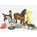 Various pottery animals, to include a Beswick shire horse, two West German foals, a zebra and two