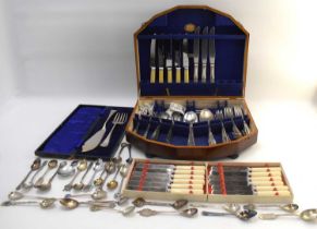 A part cutlery set in wooden box, a cased set of serving fish knife and fork, two boxes of Sheffield