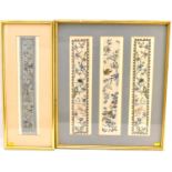 Two framed displays of embroidered Chinese silk panels, to include a single display of characters