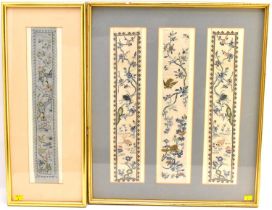 Two framed displays of embroidered Chinese silk panels, to include a single display of characters