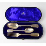 GOLDSMITHS ALLIANCE; a cased three-piece Christening set comprising two spoons and a fork, in